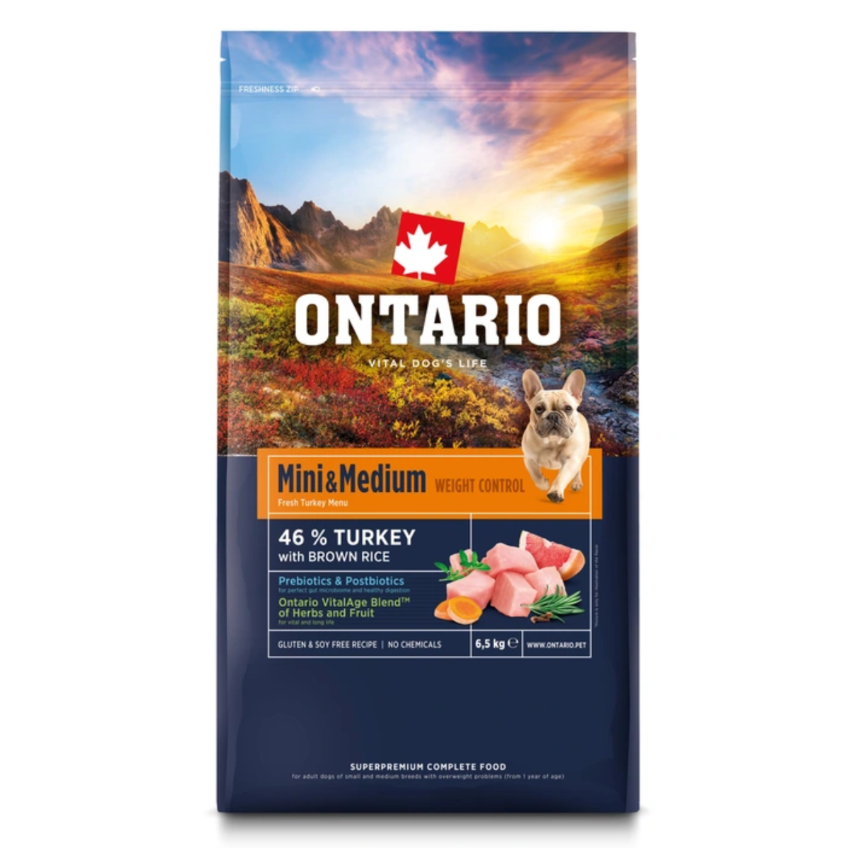 Krmivo Ontario Mini & Medium Weight Control Turkey & Brown Rice 6,5kg