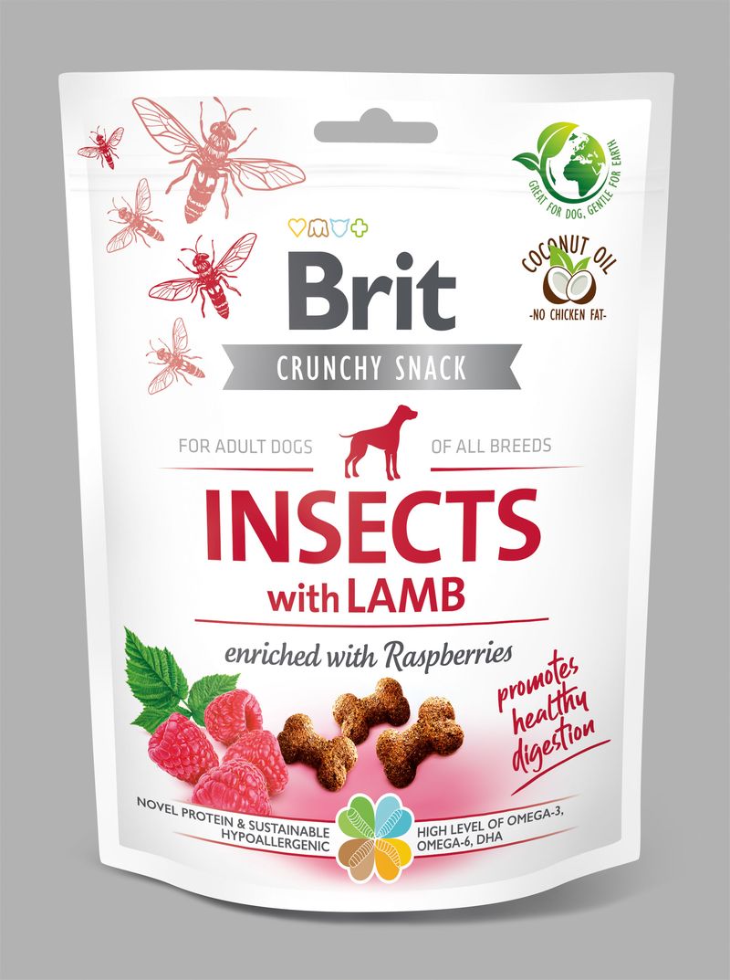 Brit Care chrumkavý snack hmyzí s jahňacinou s príchuťou malín 200 g