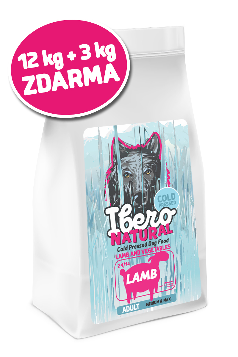 Ibero COLD PRESSED dog adult MEDIUM/LARGE LAMB - 3 x (12kg + 3kg GRATIS)
