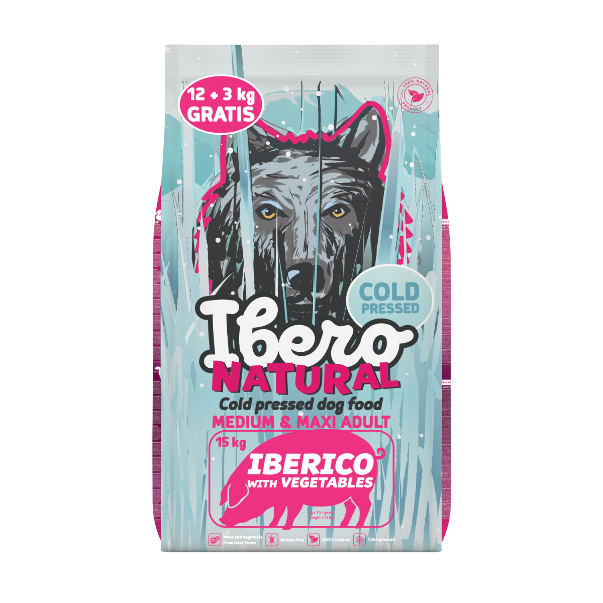 Ibero Cold Press Dog Medium &amp; Maxi Adult Iberico - 12kg + 3kg GRATIS