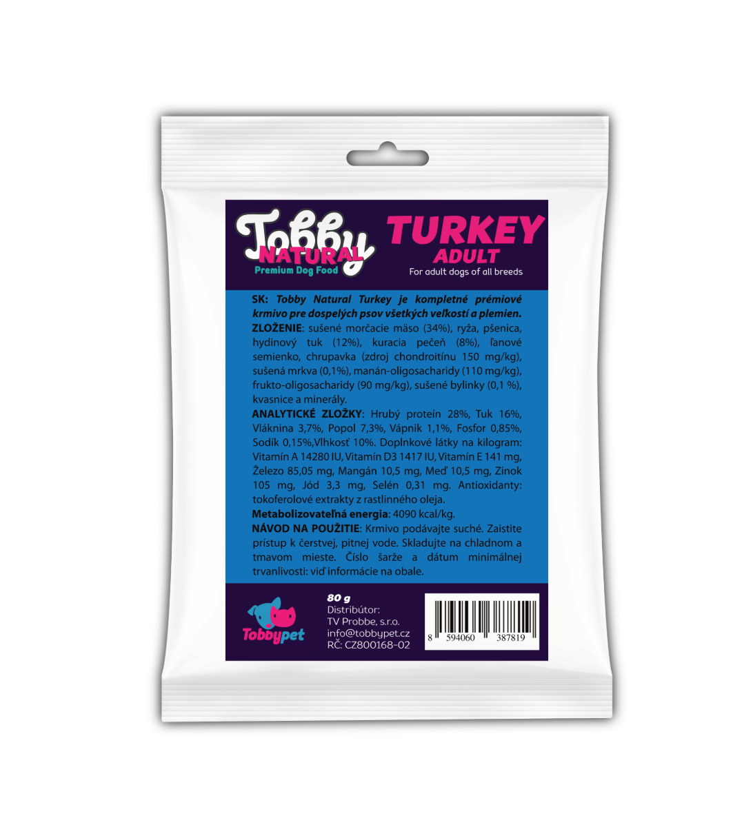 Vzorka - Tobby Natural Adult Dog Turkey - 80g